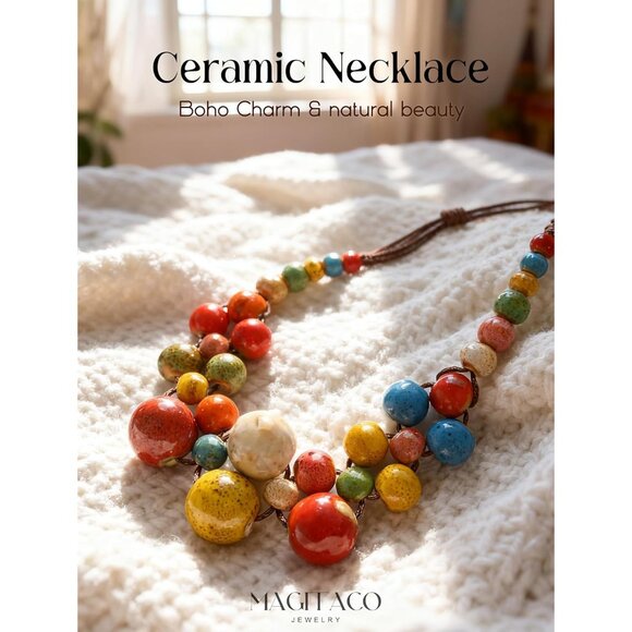 Chunky Boho Statement Necklace for Women - Handmade Colorful Ceramic Beaded Hipp - Picture 4 of 6